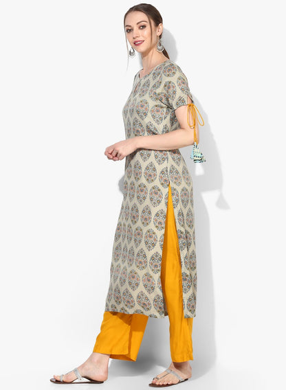 Women's Grey Cotton Blend Printed Short Sleeve Round Neck Casual Kurta Set