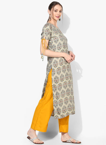 Women's Grey Cotton Blend Printed Short Sleeve Round Neck Casual Kurta Set