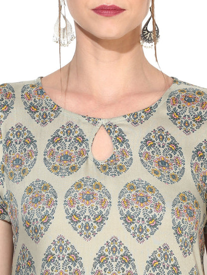 Women's Grey Cotton Blend Printed Short Sleeve Round Neck Casual Kurta Set