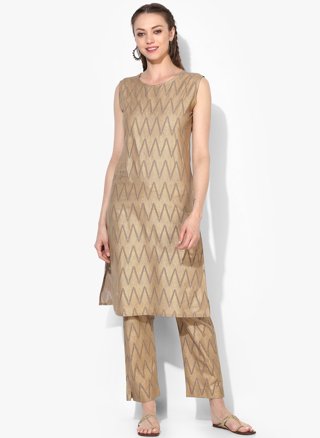 Women's Grey Cotton Blend Printed Sleeveless Round Neck Casual Kurta Set