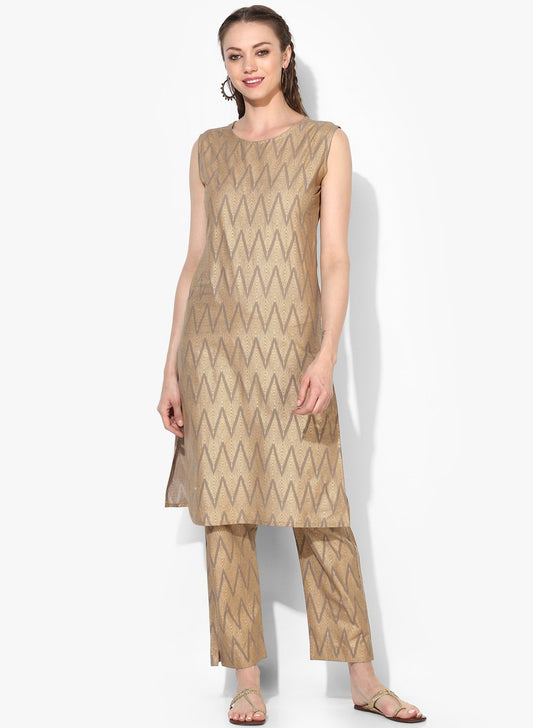 Women's Grey Cotton Blend Printed Sleeveless Round Neck Casual Kurta Set