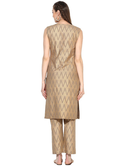 Women's Grey Cotton Blend Printed Sleeveless Round Neck Casual Kurta Set
