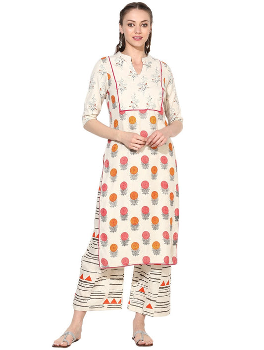 Women's White Cotton Blend Printed 3/4 Sleeve Round Neck Casual Kurta Set