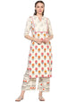 Women's White Cotton Blend Printed 3/4 Sleeve Round Neck Casual Kurta Set