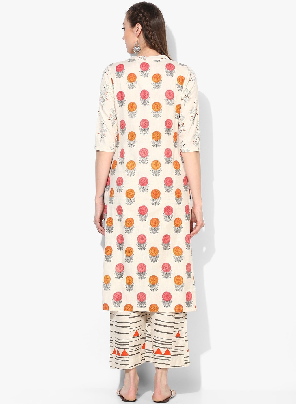 Women's White Cotton Blend Printed 3/4 Sleeve Round Neck Casual Kurta Set