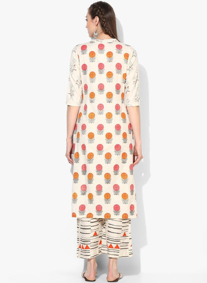 Women's White Cotton Blend Printed 3/4 Sleeve Round Neck Casual Kurta Set