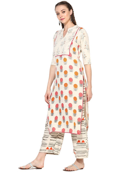 Women's White Cotton Blend Printed 3/4 Sleeve Round Neck Casual Kurta Set