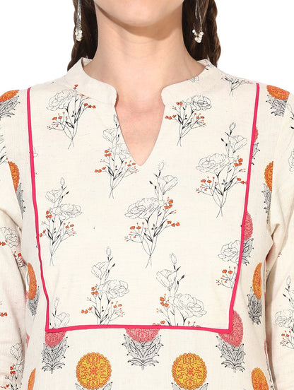Women's White Cotton Blend Printed 3/4 Sleeve Round Neck Casual Kurta Set