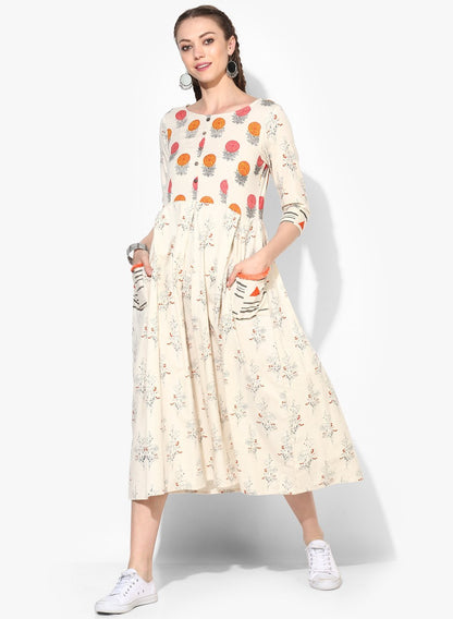 Women's Cotton Printed Three-Fourth Sleeve Round Casual Dress