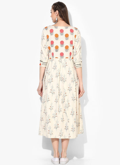 Women's Cotton Printed Three-Fourth Sleeve Round Casual Dress