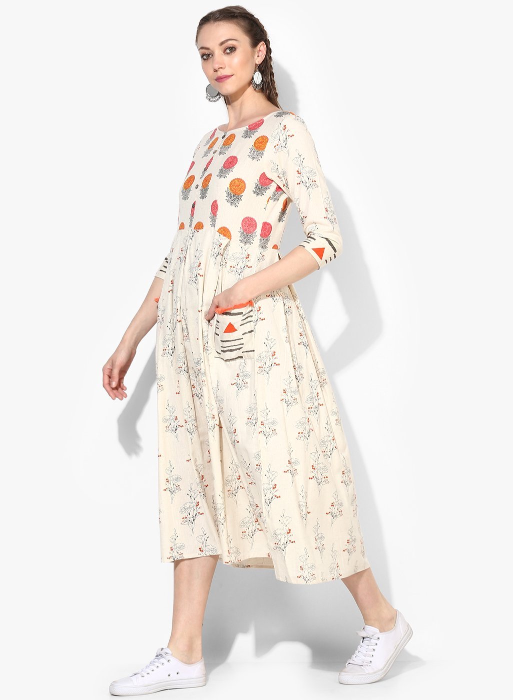 Women's Cotton Printed Three-Fourth Sleeve Round Casual Dress