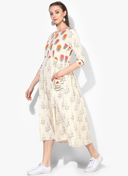 Women's Cotton Printed Three-Fourth Sleeve Round Casual Dress