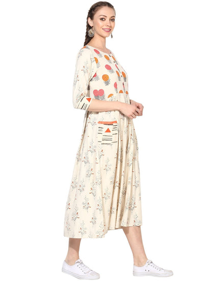 Women's Cotton Printed Three-Fourth Sleeve Round Casual Dress
