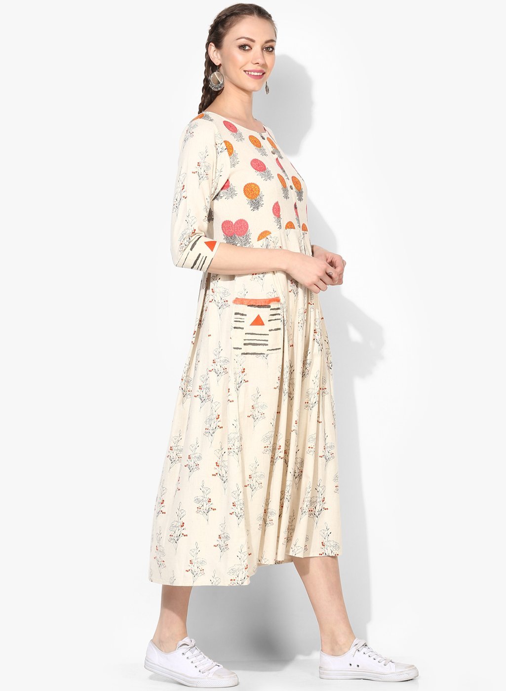 Women's Cotton Printed Three-Fourth Sleeve Round Casual Dress