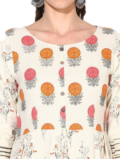 Women's Cotton Printed Three-Fourth Sleeve Round Casual Dress