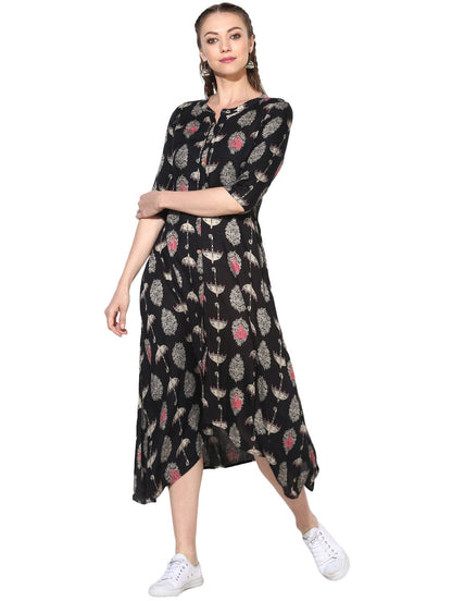 Women's Viscose Printed Three-Fourth Sleeve Mandarin Casual Dress