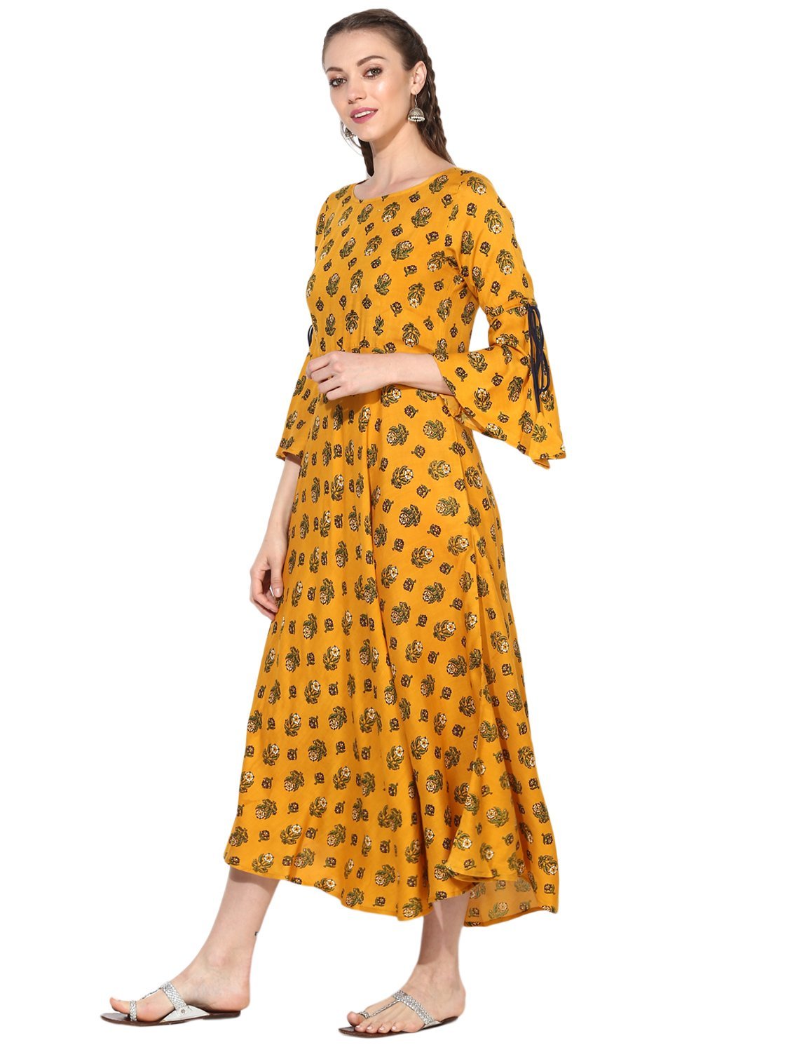 Women's Viscose Printed Three-Fourth Sleeve Round Casual Dress