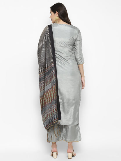 Women's Grey Color Silk Blend Straight Kurta Palazzo With Dupatta