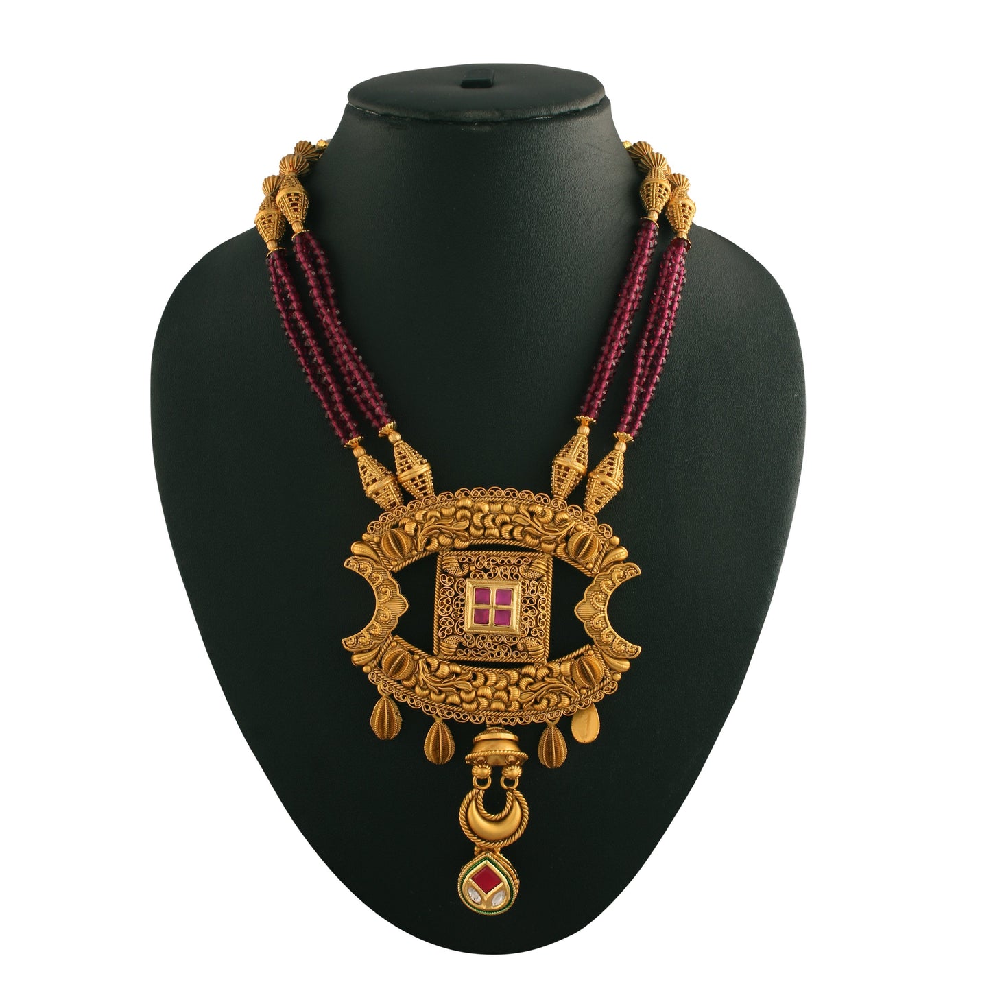 Women's 18K Gold Plated Traditional Long Beaded Brass Jewellery Set with Uncut Polki Kundan