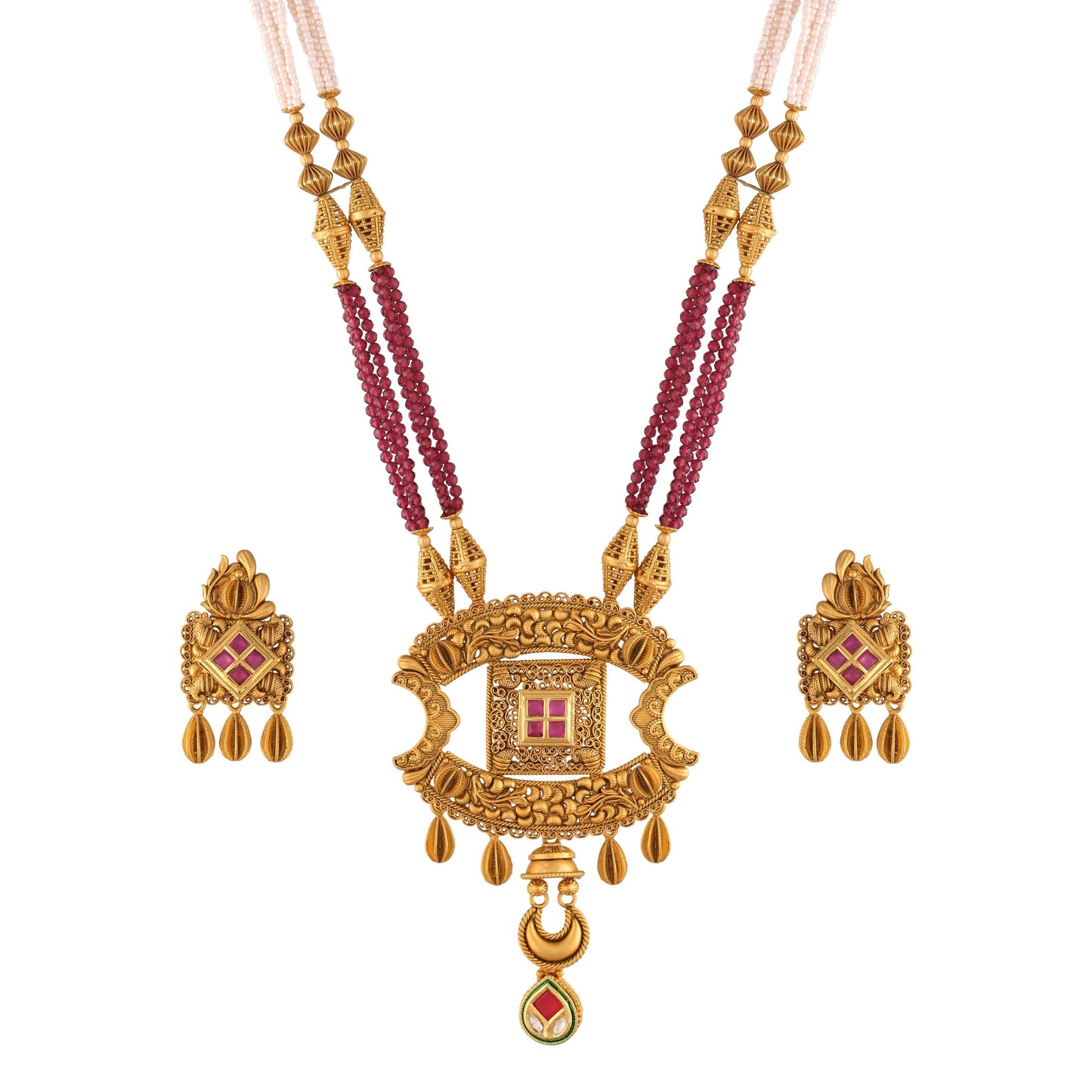 Women's 18K Gold Plated Traditional Long Beaded Brass Jewellery Set with Uncut Polki Kundan
