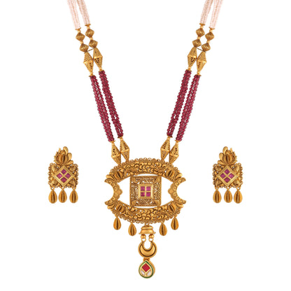Women's 18K Gold Plated Traditional Long Beaded Brass Jewellery Set with Uncut Polki Kundan