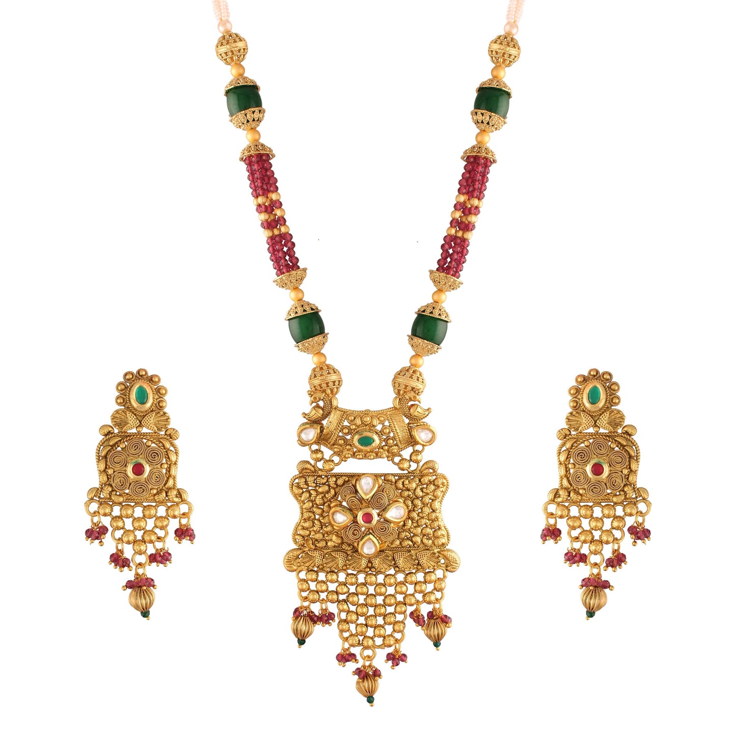 Women's 18K Gold Plated Traditional Long Beaded Brass Jewellery Set with Uncut Polki Kundan