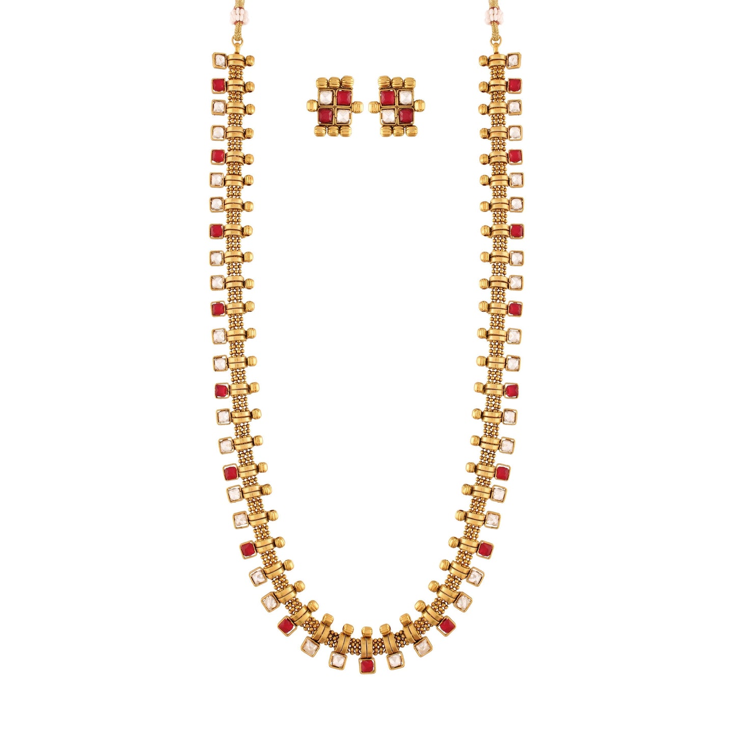 Women's 18K Gold Plated Multicolour Stone Work Long Necklace With Earrings For Women & Girls