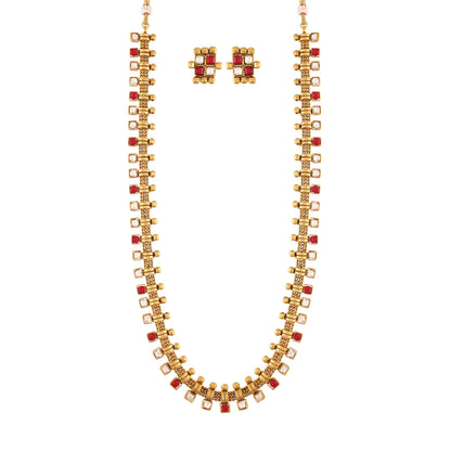 Women's 18K Gold Plated Multicolour Stone Work Long Necklace With Earrings For Women & Girls