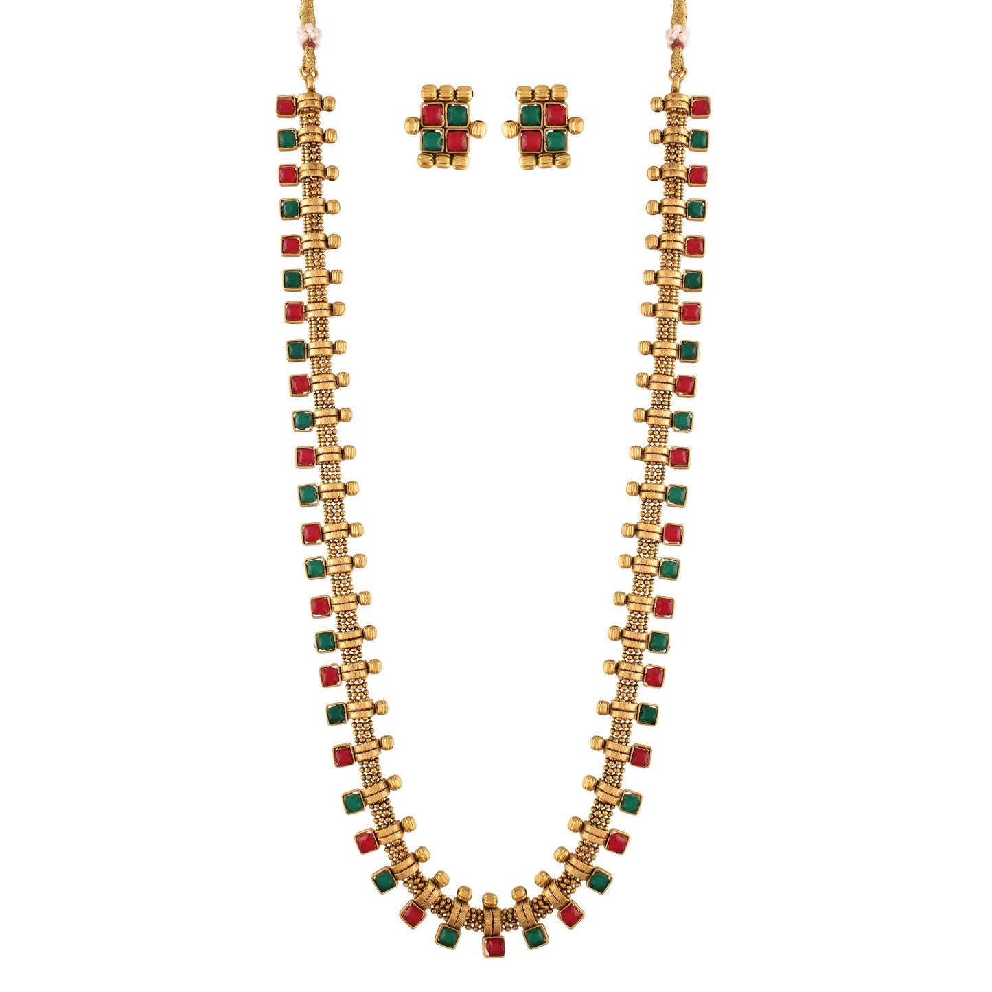 Women's 18K Gold Plated Multicolour Stone Work Long Necklace With Earrings For Women & Girls