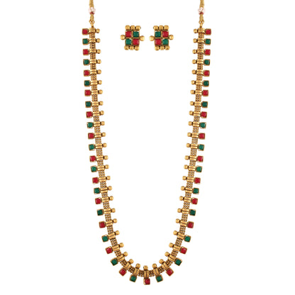 Women's 18K Gold Plated Multicolour Stone Work Long Necklace With Earrings For Women & Girls