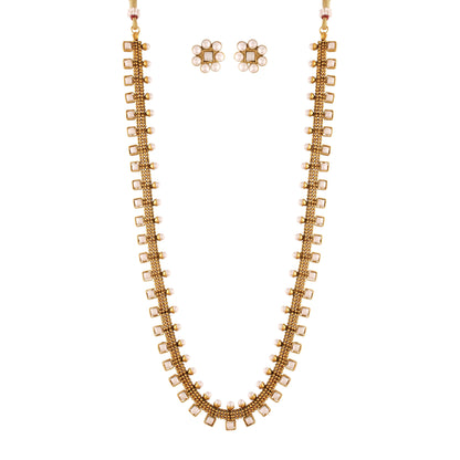 Women's 18K Gold Plated Multicolour Stone Work Long Necklace With Earrings For Women & Girls