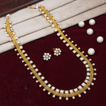 Women's 18K Gold Plated Multicolour Stone Work Long Necklace With Earrings For Women & Girls