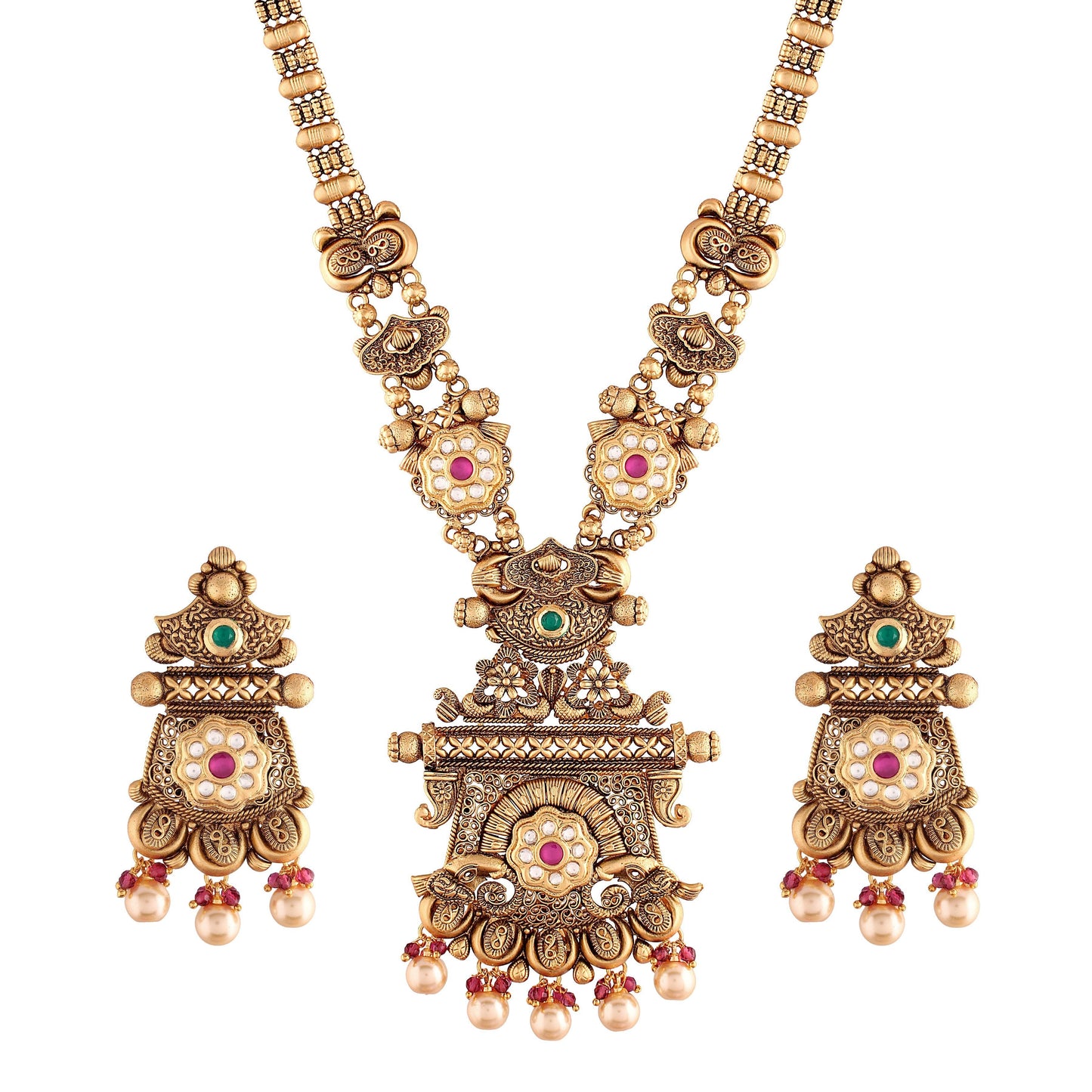 Women's 18k Gold Plated Traditional Long Brass Jewellery Set With Earrings