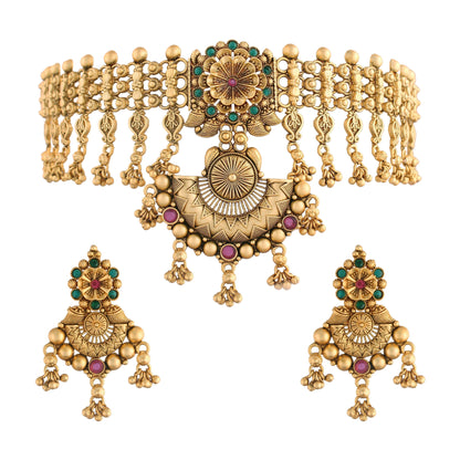 Women's 18k Gold Plated Traditional Choker Brass Jewellery Set With Earrings
