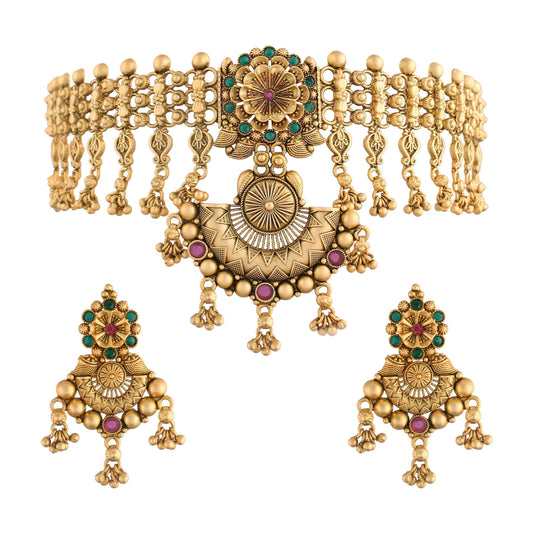 Women's 18k Gold Plated Traditional Choker Brass Jewellery Set With Earrings