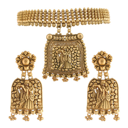 Women's 18k Gold Plated Traditional Choker Brass Jewellery Set With Earrings