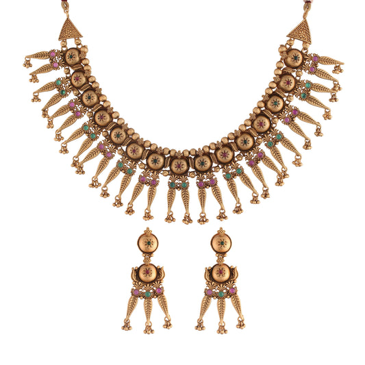 Women's 18k Gold Plated Traditional Choker Brass Jewellery Set With Earrings