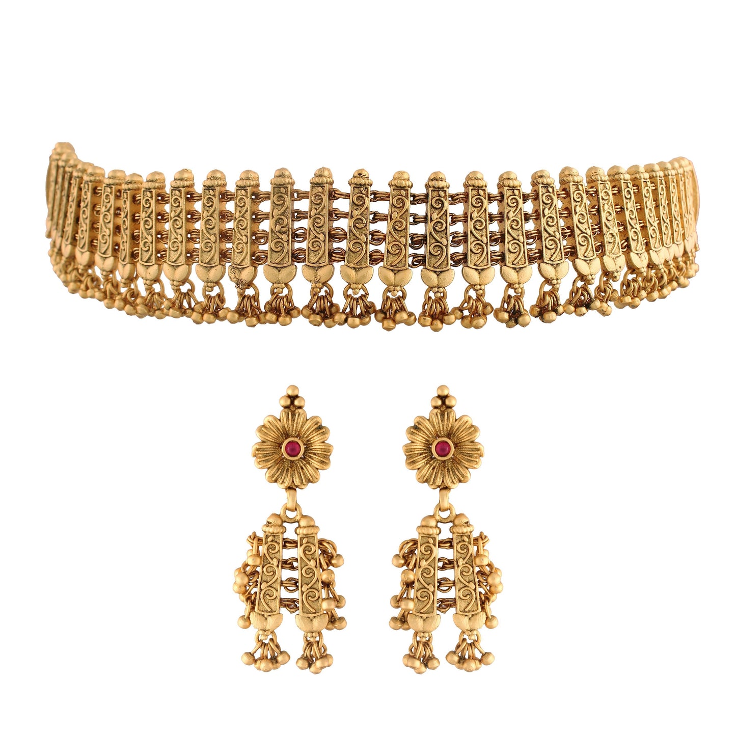 Women's 18k Gold Plated Traditional Choker Brass Jewellery Set With Earrings