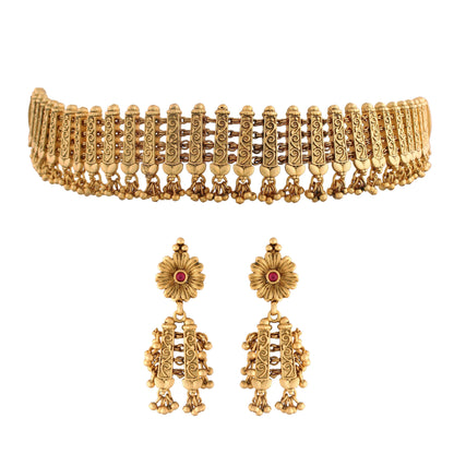Women's 18k Gold Plated Traditional Choker Brass Jewellery Set With Earrings