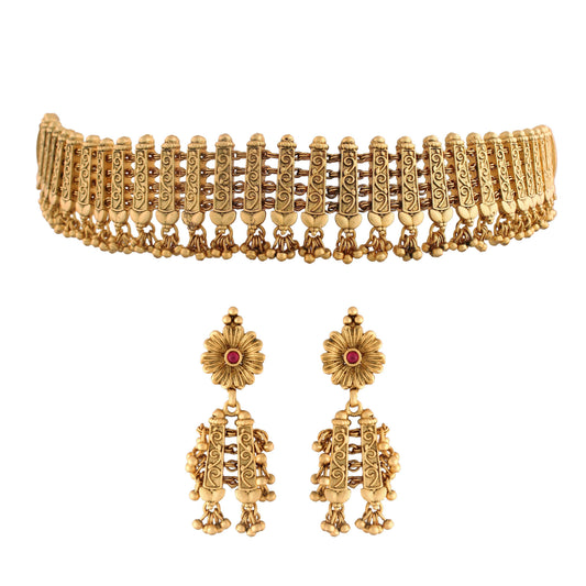 Women's 18k Gold Plated Traditional Choker Brass Jewellery Set With Earrings