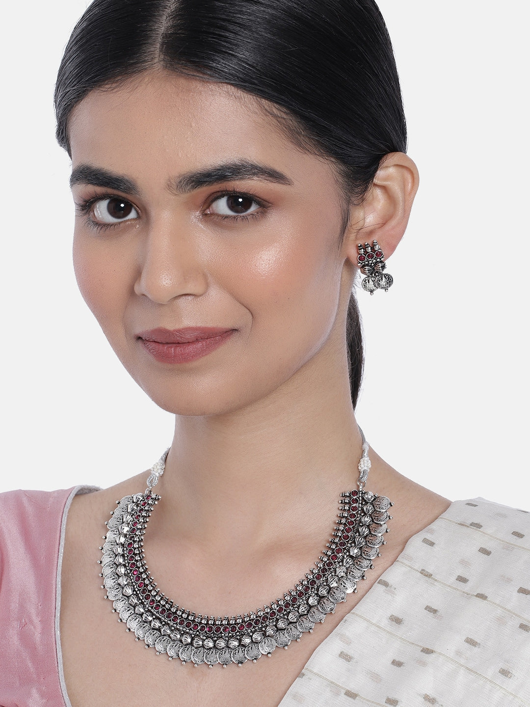 Women's 18K Rhodium Plated Traditional South Indian Stylish Necklace With Earrings.