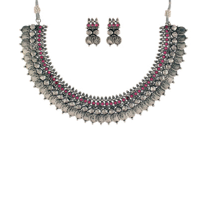 Women's 18K Rhodium Plated Traditional South Indian Stylish Necklace With Earrings.