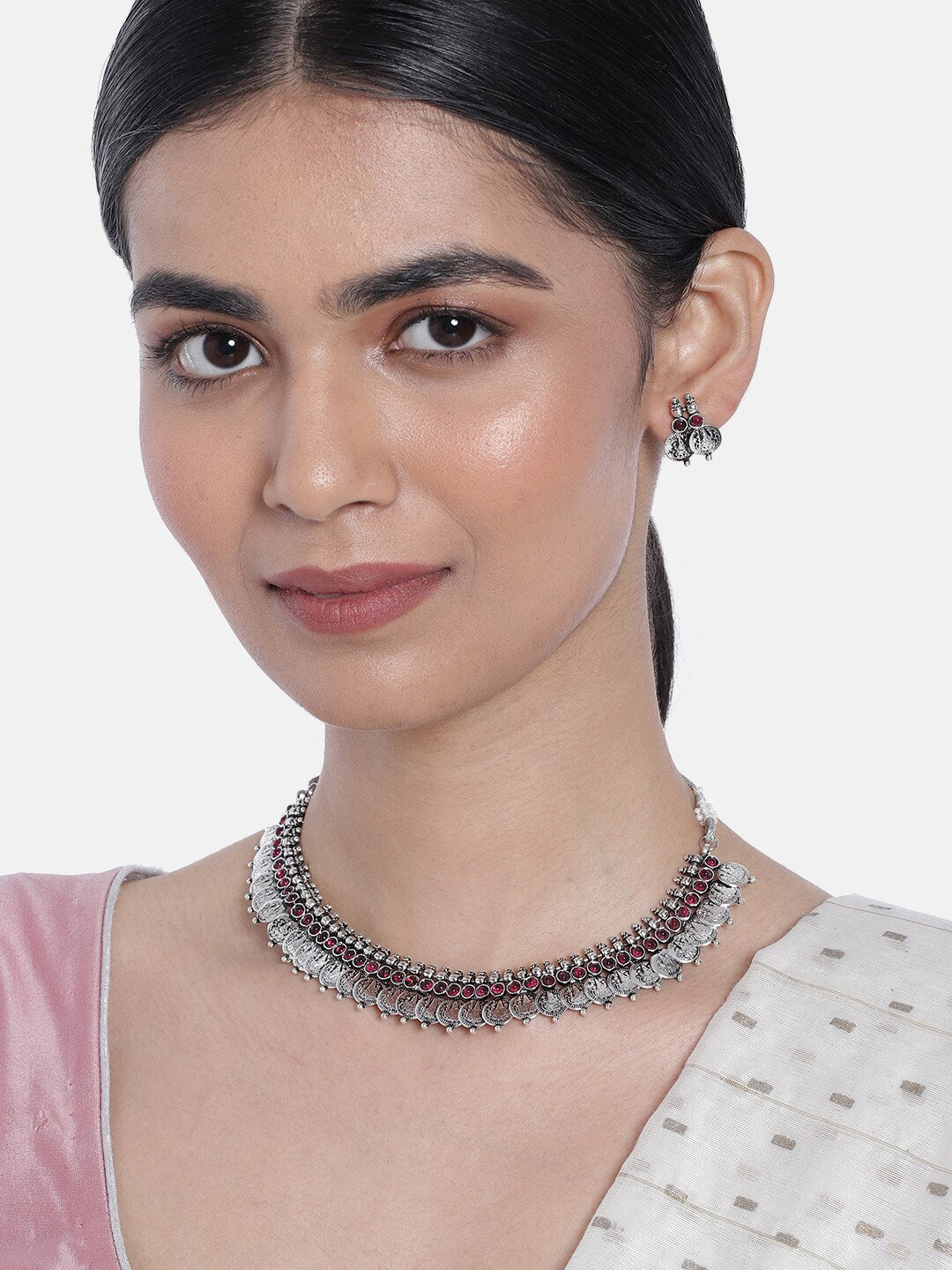 Women's 18K Rhodium Plated Traditional South Indian Stylish Necklace With Earrings.