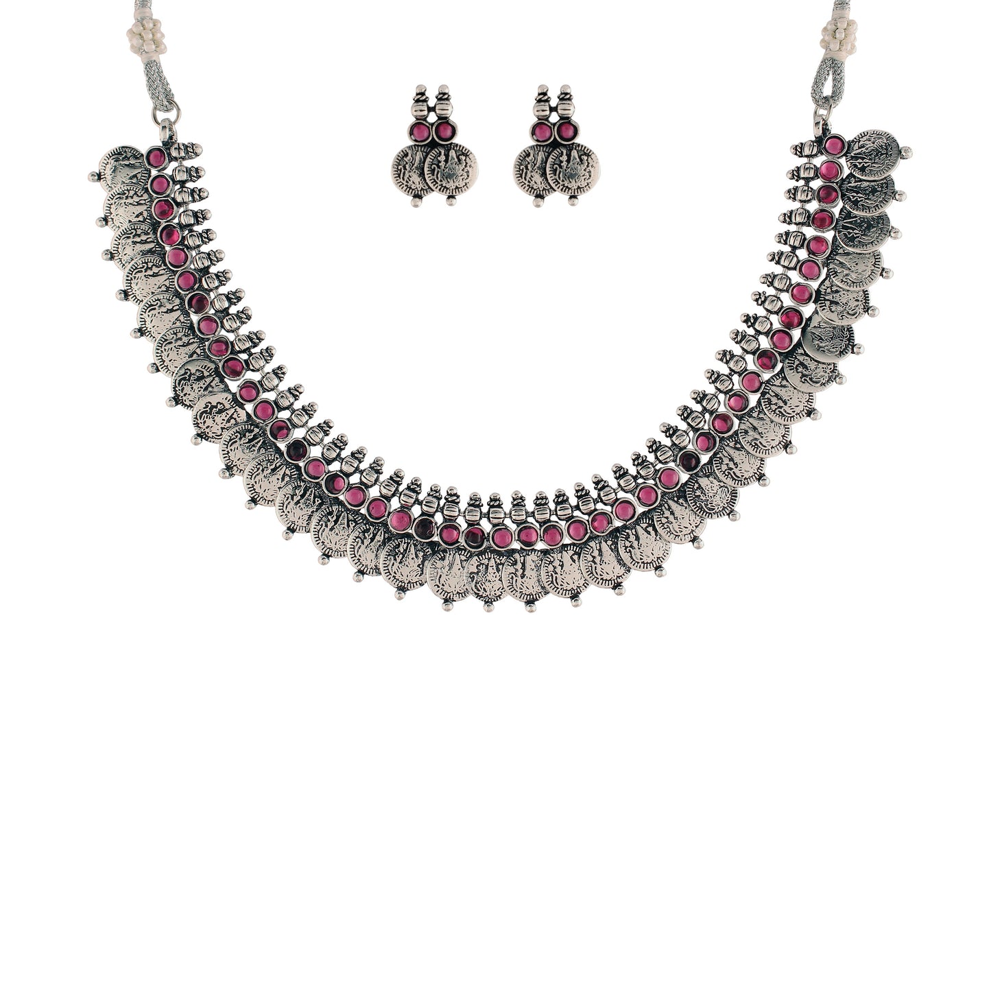 Women's 18K Rhodium Plated Traditional South Indian Stylish Necklace With Earrings.