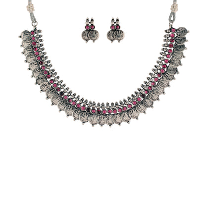 Women's 18K Rhodium Plated Traditional South Indian Stylish Necklace With Earrings.