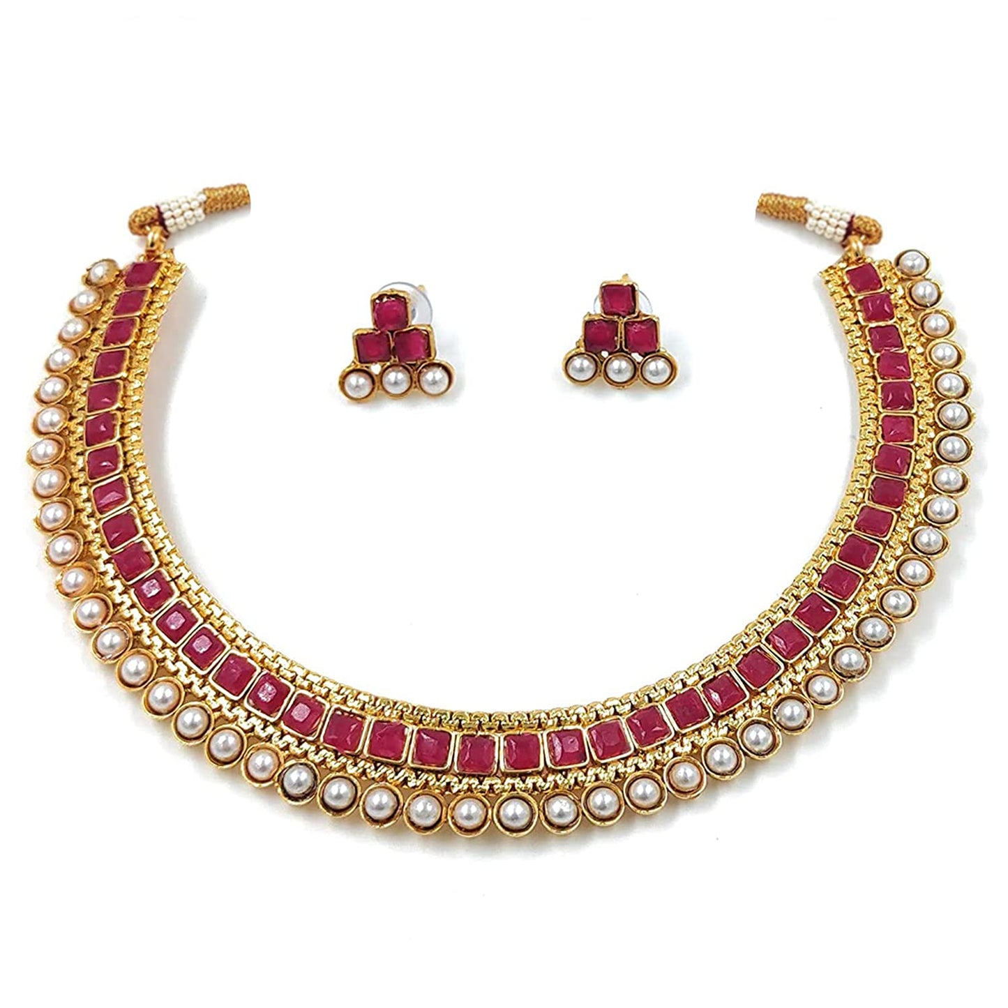 Women's Gold Plated Traditional Pink Choker Necklace Jewellery Set