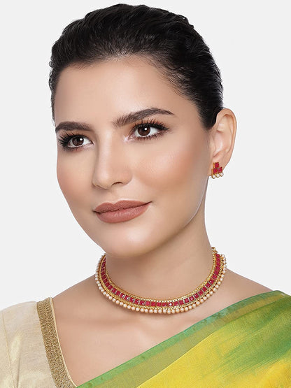 Women's Gold Plated Traditional Pink Choker Necklace Jewellery Set
