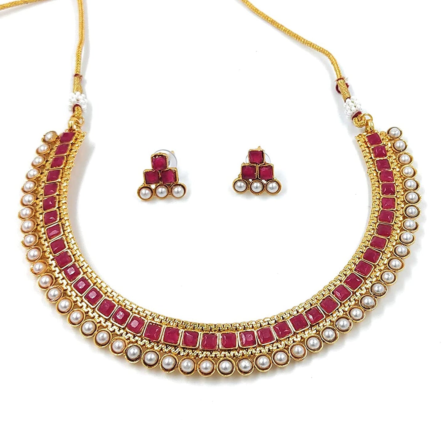 Women's Gold Plated Traditional Pink Choker Necklace Jewellery Set