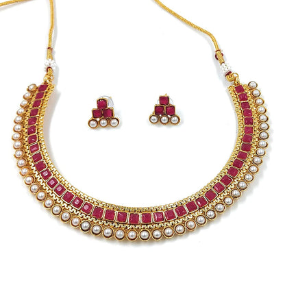Women's Gold Plated Traditional Pink Choker Necklace Jewellery Set