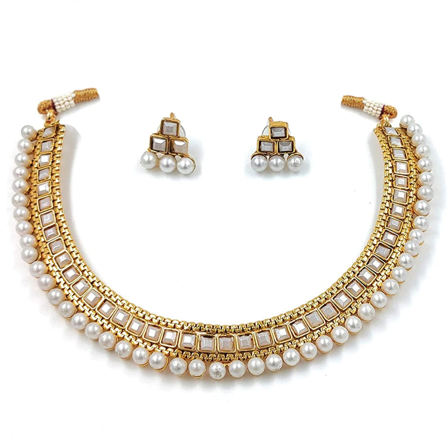 Women's Gold Plated Traditional White Choker Necklace Jewellery Set
